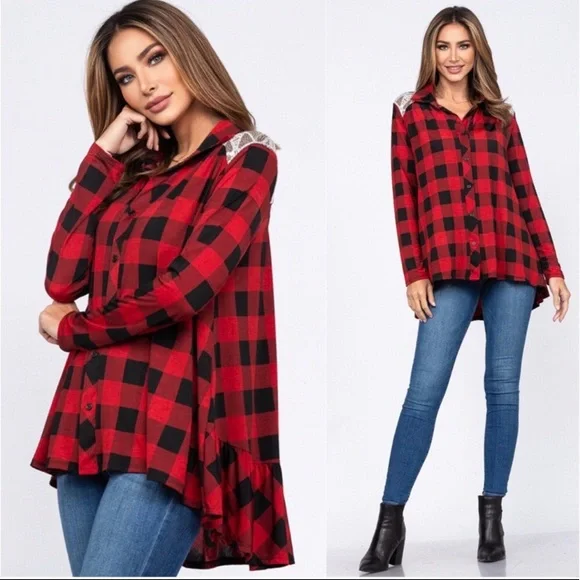 Buffalo plaid women’s high low button front sequin detail back label top - Picture 2 of 2